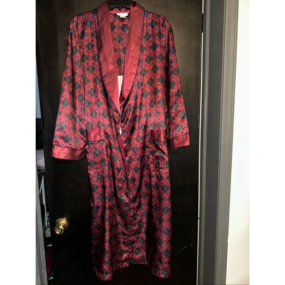 Vtg Cachet Women’s Kimono Robe Medium burgandy green Floral Jacquard Satin Belte